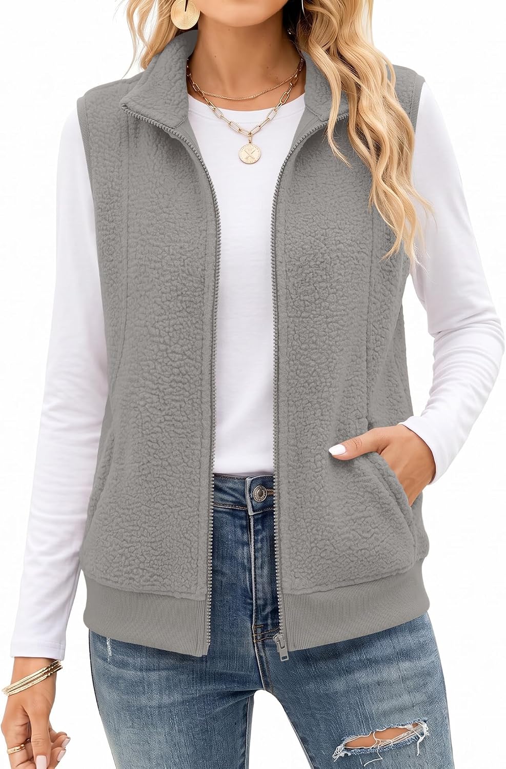 AKEWEI Womens Sherpa Fleece Vest Trendy Warm Sleeveless Vests Jacket | Lightweight Zip Jackets Warm Soft Vests with Pockets