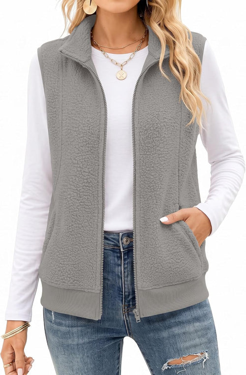 AKEWEI Womens Sherpa Fleece Vest Trendy Warm Sleeveless Vests Jacket | Lightweight Zip Jackets Warm Soft Vests with Pockets