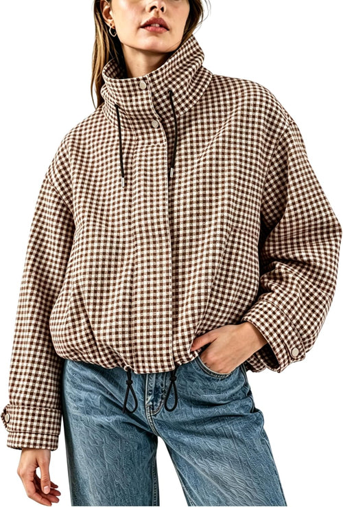 Women's Check Bomber Jacket with Funnel Neck and Drawstring Hem in Brown, front view