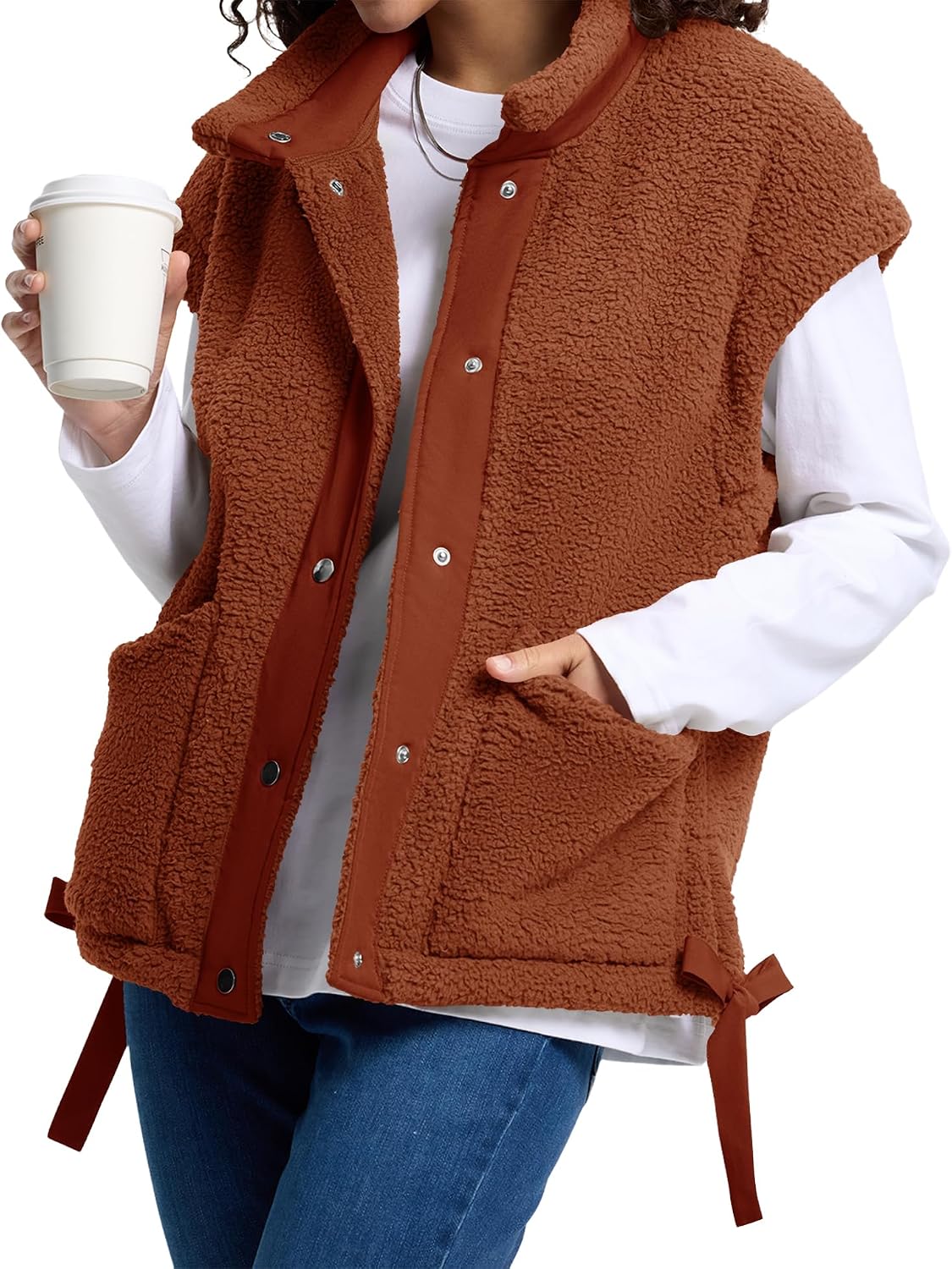 AKEWEI Womens Fuzzy Fleece Jacket Casual Button Down Cap Sleeve Vest | Drawstring Hem, Womens Vest with Pockets, Lightweight and Loose Fit, Suitable for Daily Wear and Layering in Fall and Winter