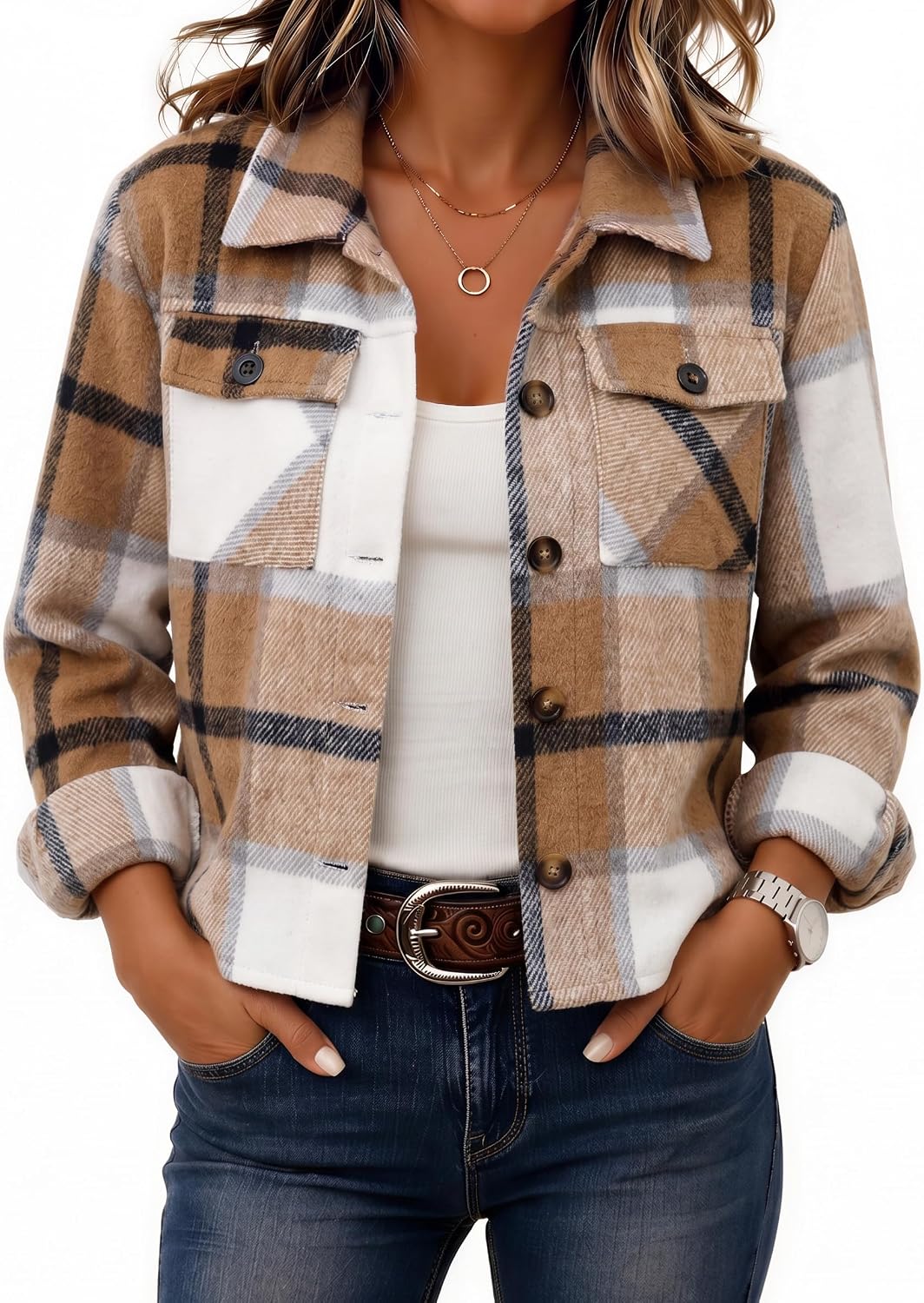 Zeagoo Flannels for Women Cropped Shacket Jacket Fashion Plaid Fall Coat | Button down crop jacket, trendy outfits, fall winter outwear