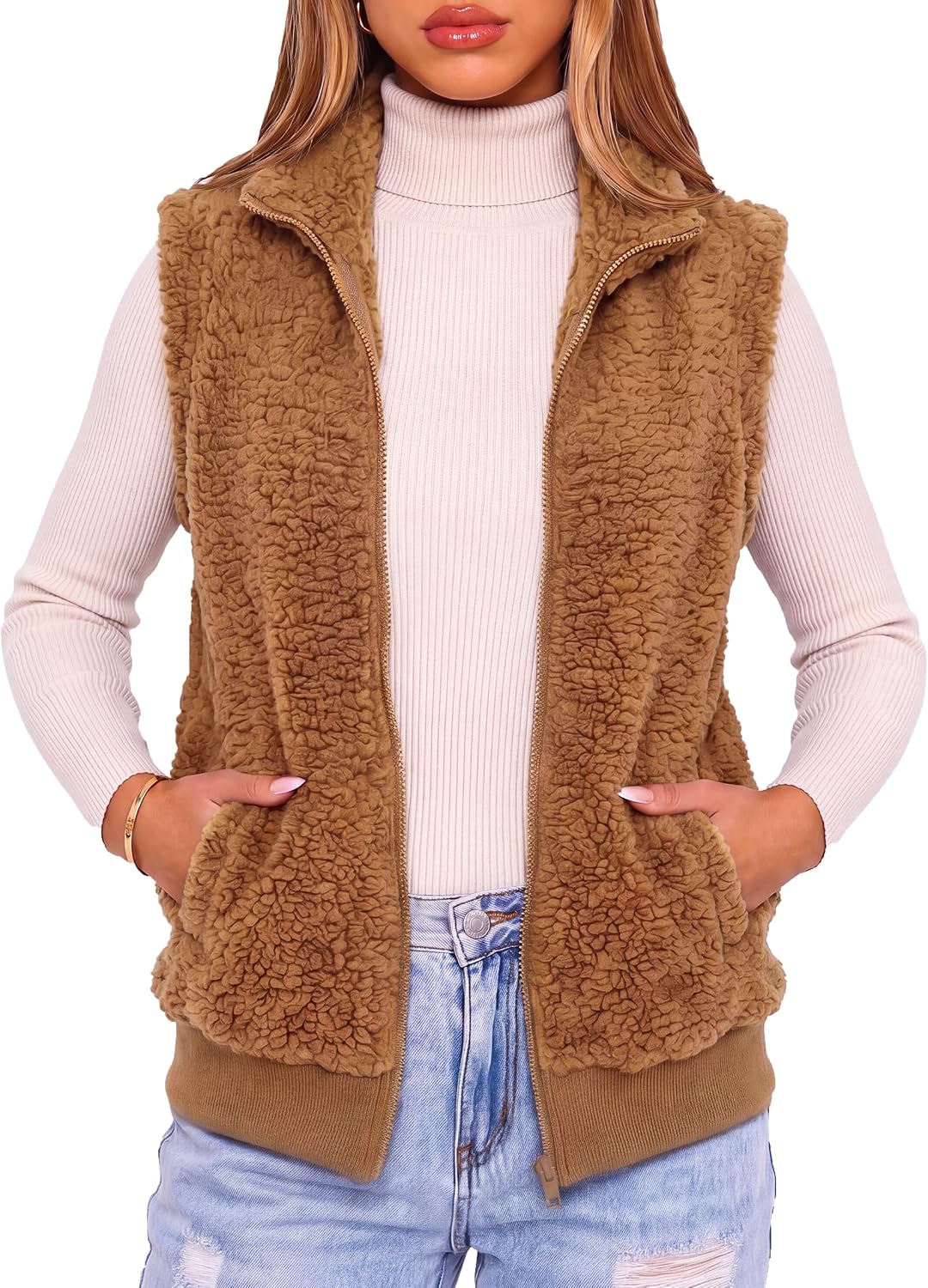 Bluetime Womens Fleece Fuzzy Vest Sleeveless Sherpa Jacket Outerwear | Zip Up Fluffy Coat with Pockets,Lightweight Stand Collar Vest,Women's Coats,Jackets & Vests,Trendy Fall and Winter Outfit