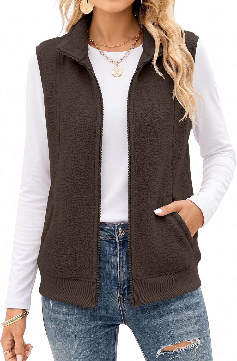 AKEWEI Womens Sherpa Fleece Vest Trendy Warm Sleeveless Vests Jacket | Lightweight Zip Jackets Warm Soft Vests with Pockets