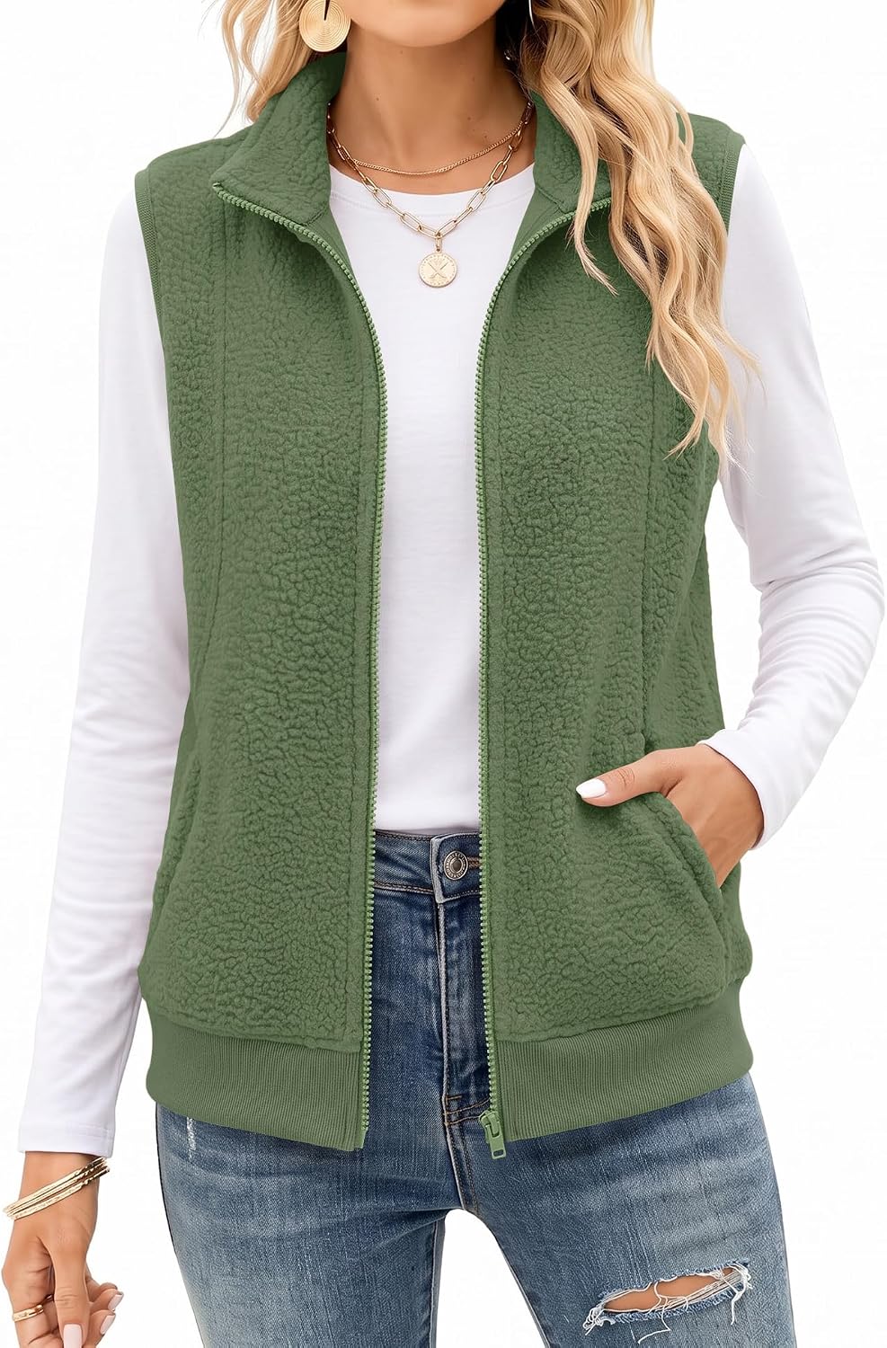 AKEWEI Womens Sherpa Fleece Vest Trendy Warm Sleeveless Vests Jacket | Lightweight Zip Jackets Warm Soft Vests with Pockets