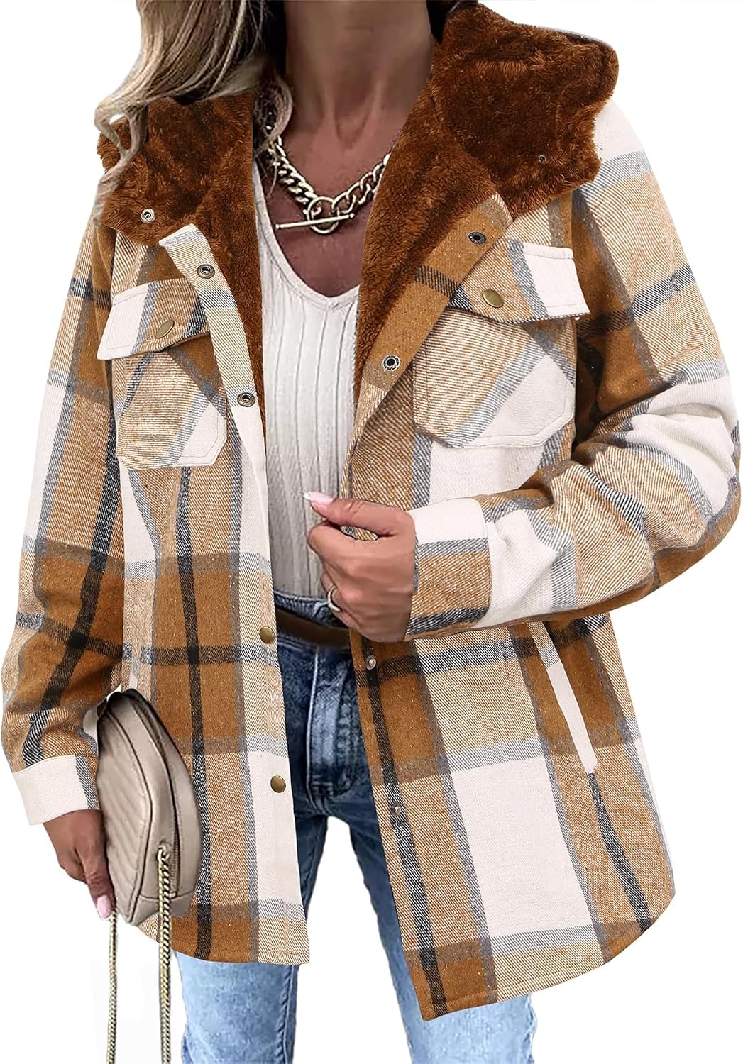 Women's Plaid Shacket in Brown, view 20