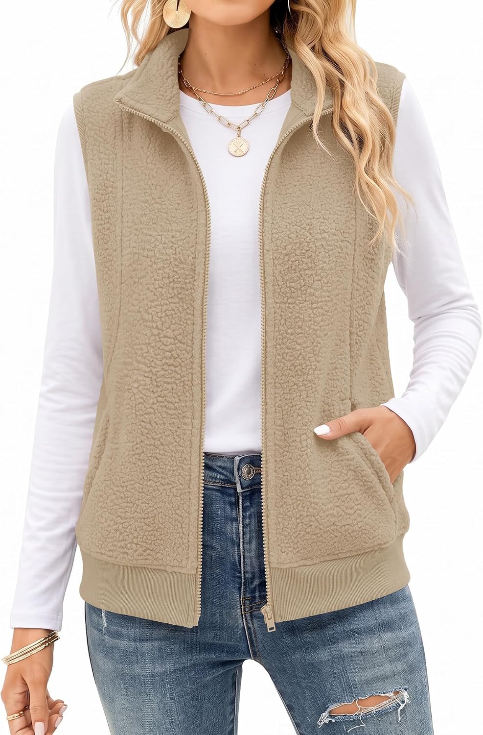 AKEWEI Womens Sherpa Fleece Vest Trendy Warm Sleeveless Vests Jacket | Lightweight Zip Jackets Warm Soft Vests with Pockets