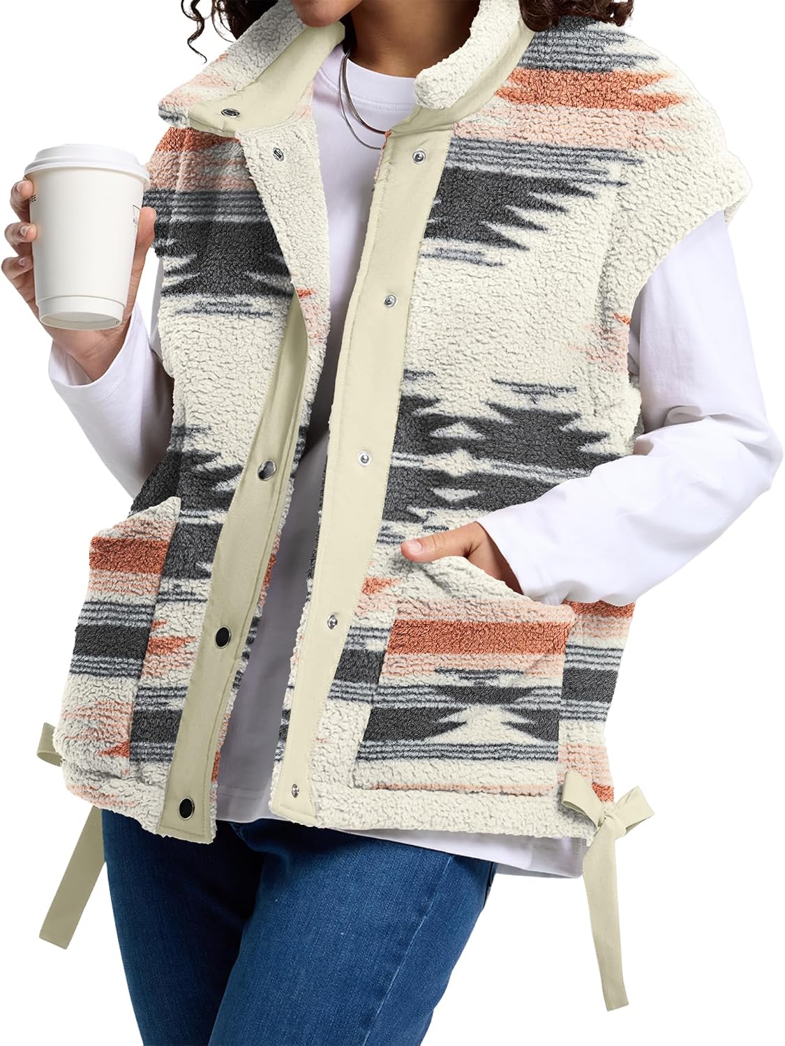 AKEWEI Womens Fuzzy Fleece Jacket Casual Button Down Cap Sleeve Vest | Drawstring Hem, Womens Vest with Pockets, Lightweight and Loose Fit, Suitable for Daily Wear and Layering in Fall and Winter