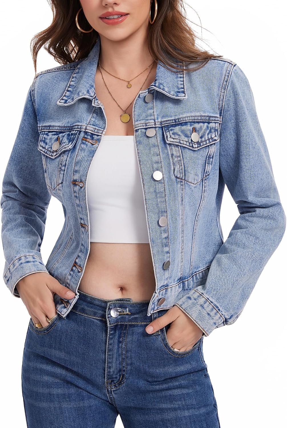 andy & natalie Women's Denim Jackets Cropped Long Sleeve Basic Button Down Crop Jean Shacket with Pockets
