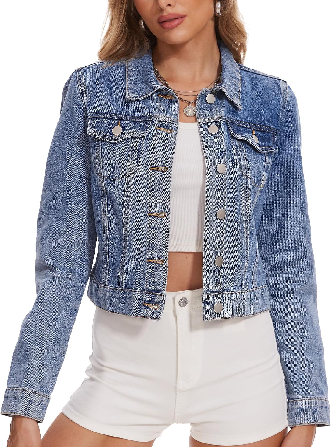 andy & natalie Women's Denim Jackets Cropped Long Sleeve Basic Button Down Crop Jean Shacket with Pockets