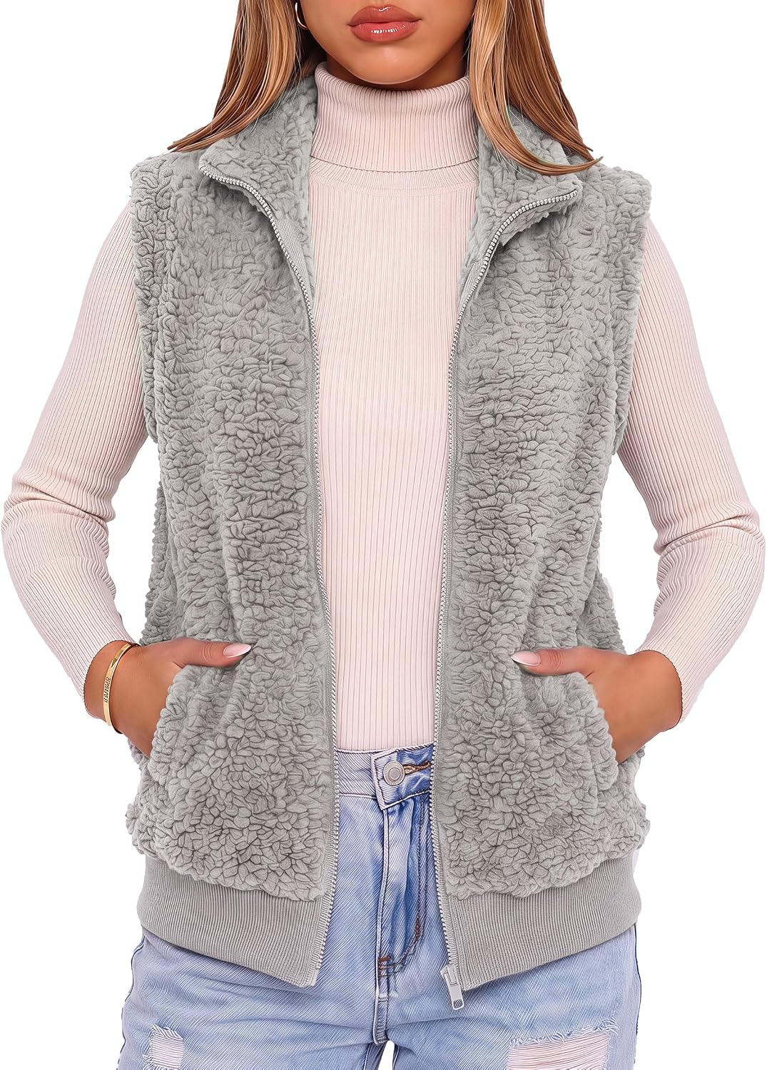 Bluetime Womens Fleece Fuzzy Vest Sleeveless Sherpa Jacket Outerwear | Zip Up Fluffy Coat with Pockets,Lightweight Stand Collar Vest,Women's Coats,Jackets & Vests,Trendy Fall and Winter Outfit