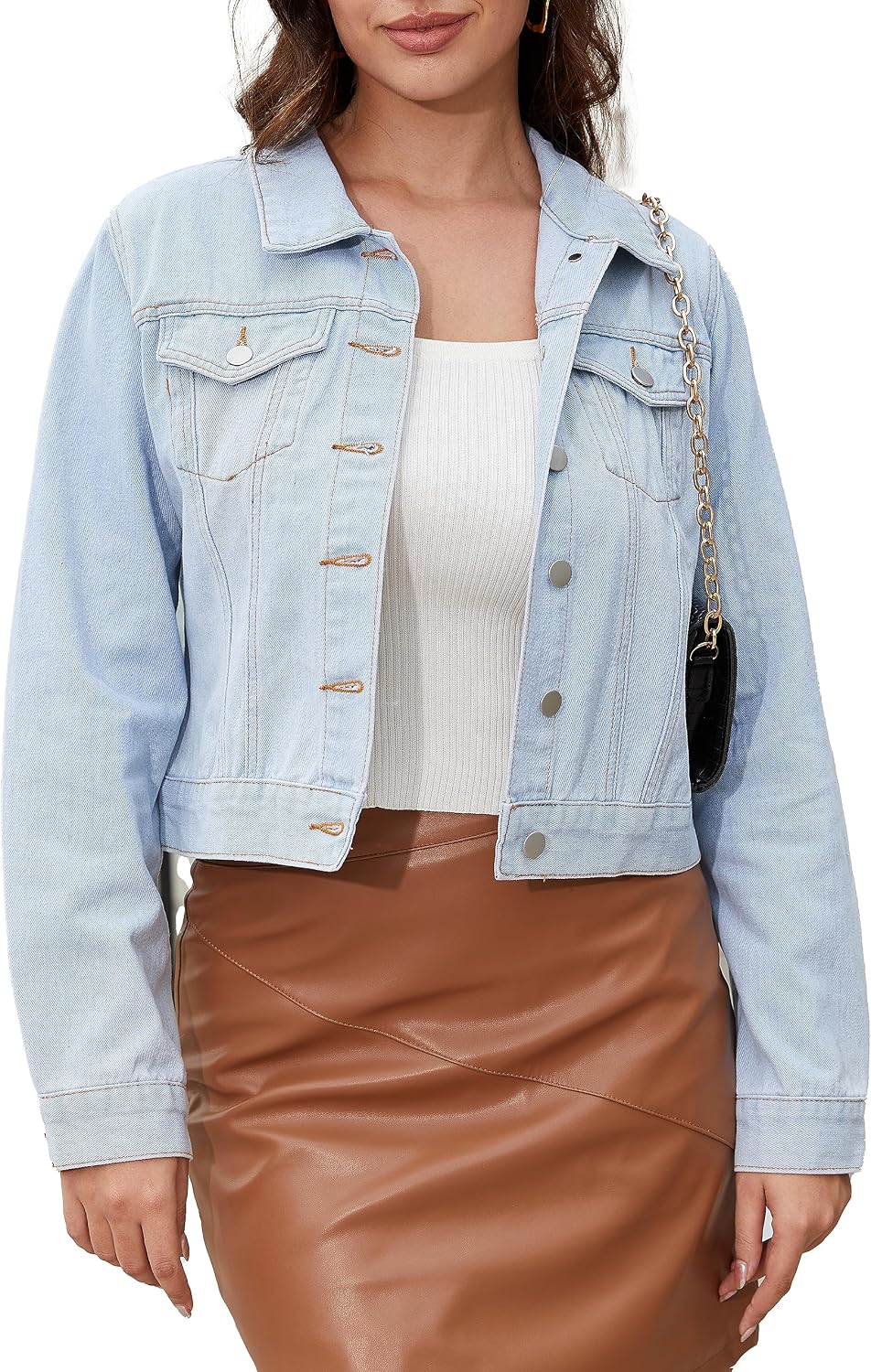 andy & natalie Women's Denim Jackets Cropped Long Sleeve Basic Button Down Crop Jean Shacket with Pockets