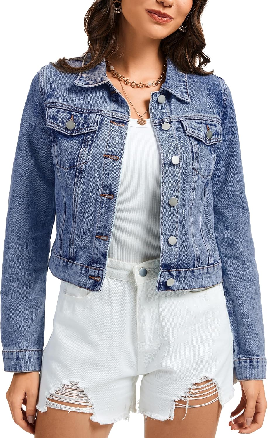 andy & natalie Women's Denim Jackets Cropped Long Sleeve Basic Button Down Crop Jean Shacket with Pockets